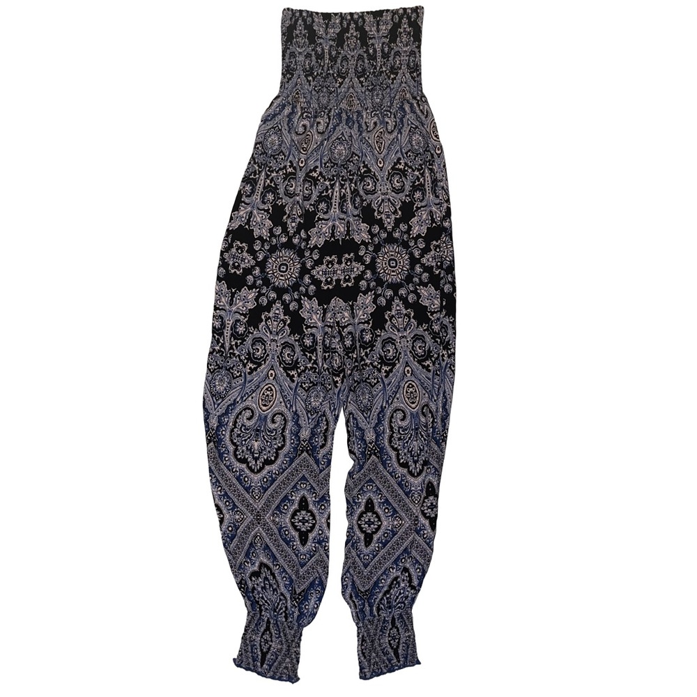 Free People Womens Thinking of You Blue Paisley Strapless Jumpsuit Boho Small